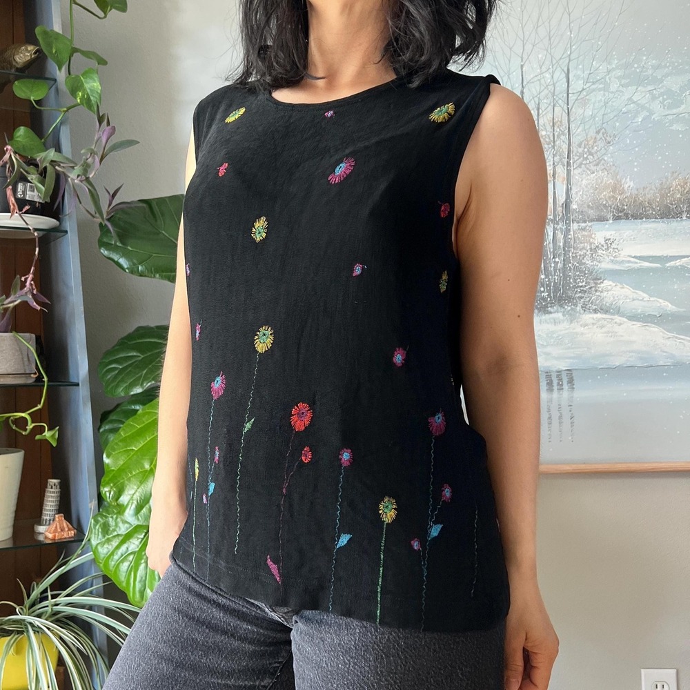 Vintage Slinky Top Black Embroidered Floral Sleeveless Blouse Minimalist Large - Picture 5 of 8